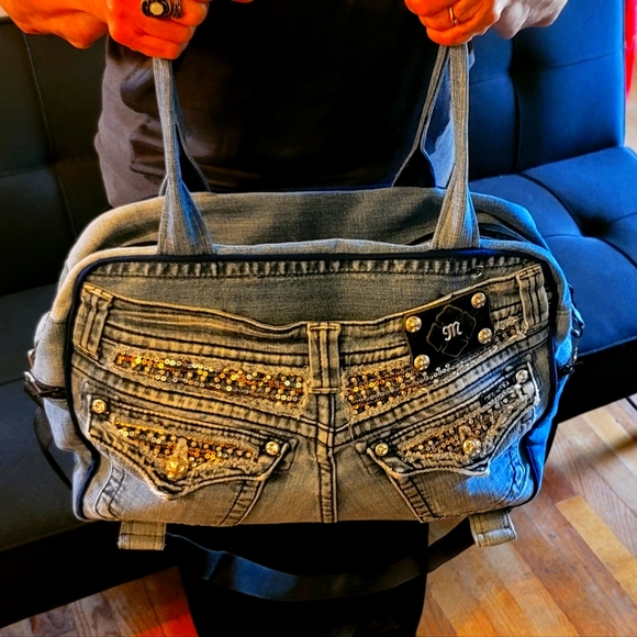 Large Multi-function Sequined Denim Bag - Picture 3 of 12